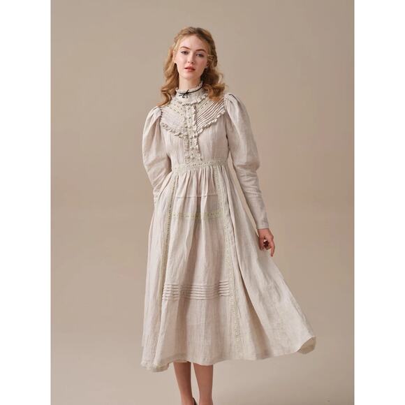 Linennavie Dresses & Skirts - Linennaive Mary 18 Cream White Victorian Prairie Linen Dress XS Cottagecore